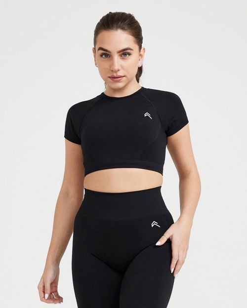 Oner Active Effortless Seamless Krótkie Sleeve Crop Top Czarne | 304EBWKVQ