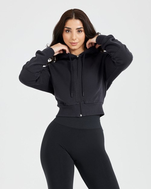 Oner Active Klasyczne Lounge Cropped Zip Through Hoodie Coal | 062BYHFRW