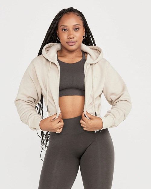 Oner Active Klasyczne Lounge Cropped Zip Through Hoodie Sand | 289KGMNJW
