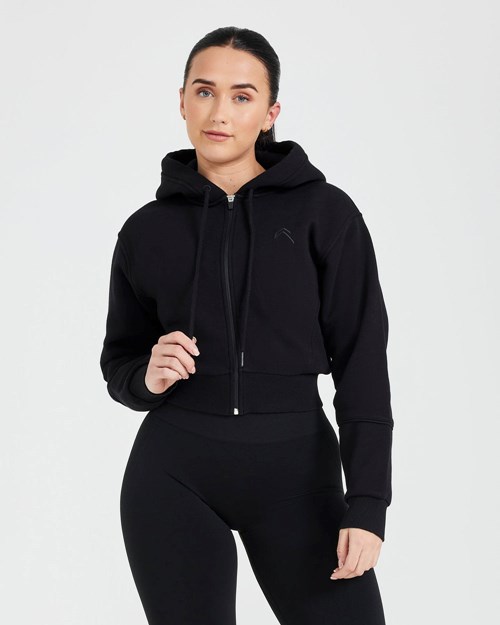 Oner Active Klasyczne Lounge Cropped Zip Through Hoodie Czarne | 608OSUBTN