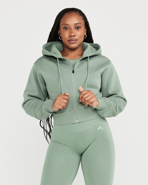 Oner Active Klasyczne Lounge Cropped Zip Through Hoodie Sage | 941OKGATS
